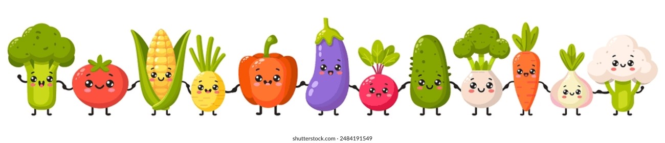 Cool cartoon vegetables holding hands isolated on white background. Collection of happy cute vegetables friends characters, funny plants with smiling face, graphic elements. Food vector illustration.