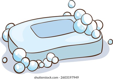 Cool cartoon wet soap bar with foamy bubbles. Funny retro rectangular bath solid soap, toilet hygiene, body care and cleanliness mascot vector illustration