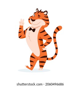 Cool cartoon winking tiger with victory sign isolated on white background. Adorable orange striped successful wildcat showing win two fingers hand gesture. Smiling animal character vector illustration
