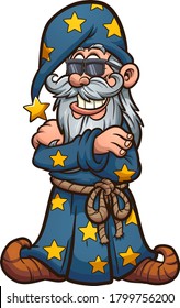 Cool cartoon wizard with crossed arms and sunglasses. Vector clip art illustration. Some elements on separate layers.
