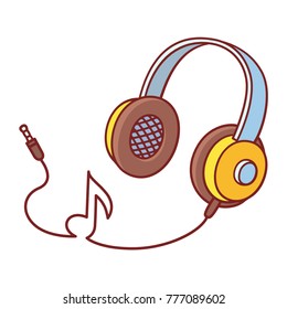 Cool cartoon yellow headhpones with cord in music note shape. Creative music and sound illustration.