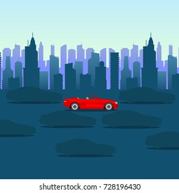 Cool cartoon-style red car on dark city background. Urban vector illustration. Modern power car