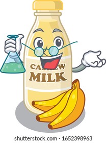 Cool cashew milk Professor cartoon character with glass tube