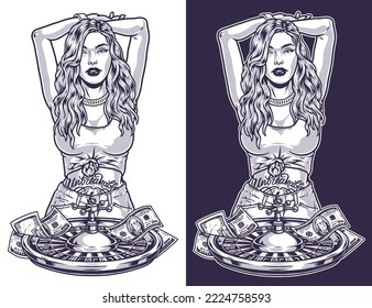 Cool Casino Woman Emblem Monochrome With Roulette Wheel For Money Games And Brave Girl With Unbreakable Tattoo Vector Illustration