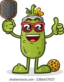 Cool casual pickle ball cartoon mascot tossing a thumbs up to the crowd and wearing stylish sunglasses and a sweat band