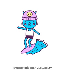 Cool cat in beanie hat surfing, illustration for t-shirt, sticker, or apparel merchandise. With doodle, retro, and cartoon style.