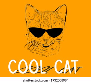 Cool cat with black glasses on a yellow (orange) background, print for a t-shirt, poster, pet, funny animal, surface print, fashion design, Stock vector illustration isolated