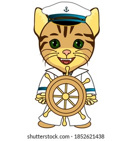 cool cat in a cap with an anchor and a sailor suit shirt stands and holds the helm in hands on on white isolated background
