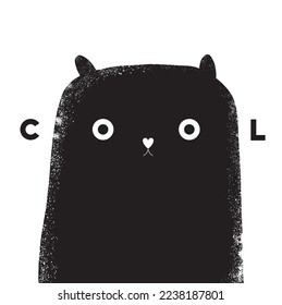 Cool Cat Cartoon. Cute Hand Drawn Vector Illustration for Cat Lovers. Lovely Nursery Art with Black Kitten and "Cool" Word on a White Background for Card, Wall Art, Poster, Kids Room Decoration.