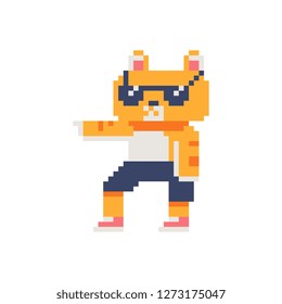 Cool cat character in sunglasses pixel art style. Stickers and embroidery design. Isolated vector illustration. 80s style.