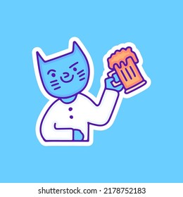 Cool Cat Chill Out With Glass Of Beer Illustration, With Soft Pop Style And Old Style 90s Cartoon Drawings. Artwork For Street Wear, T Shirt, Patchworks; For Teenagers Clothes.