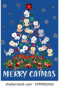 Cool cat christmas light merry catmas gift kitten xmas tree Vector Illustration Graphic Design for Document and Print