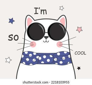 Cool cat concept. Charming and adorable pet in sunglasses. Toy or mascot for children. Stylish poster or banner. Symbol of summer season and rest. Exotic and tropics. Cartoon flat vector illustration