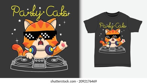 Cool cat disc jockey cartoon.  with t-shirt design.