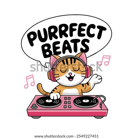 A cool cat DJ spinning records with the text "Purrfect Beats," ideal for music and pet lovers.