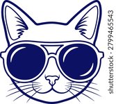 Cool Cat Face with Sunglasses Illustration Funny Animal Character Design for Tshirt and Apparel Print