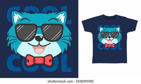 Cool cat with glasses cartoon illustration tee design vector.