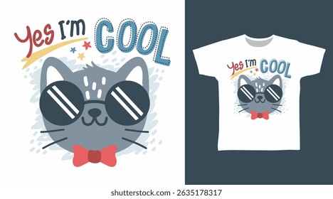 Cool cat hand drawn illustration vector, ready for print on t-shirt and other uses.