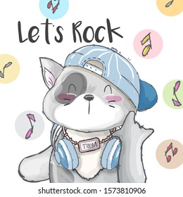 Cool cat with headphone illustration for kids. Cute cat wearing blue hat. Little cat wearing blue headphone listen to music