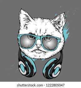 Cool cat in headphones. Music and sound. Vector illustration for a postcard or poster, drawn by hand. Hipster.