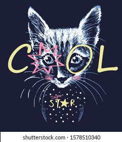 Cool Cat kitten handwritten face in t shirt with super star kids on dark blue background vector illustration print for girls t-shirt