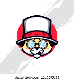 Cool Cat Mascot Head wear White Hat and Blue Eyeglasses