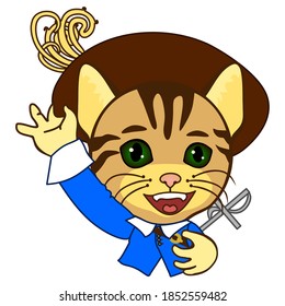 cool cat in a musketeer costume with a sword straightens his hat with feathers, color vector on white isolated background