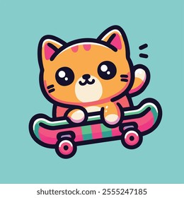 cool cat on a skateboard, hip, trendy, anime cartoon characters cute cats, happy cute, art, animals, kittens, pets, graphics, cats