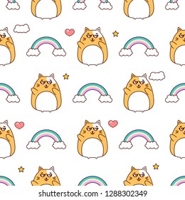 Cool cat pattern, kawaii rainbow, vector illustration, isolated on white background