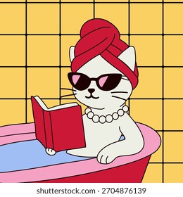 Cool Cat Relaxing in Bath with Book and Sunglasses