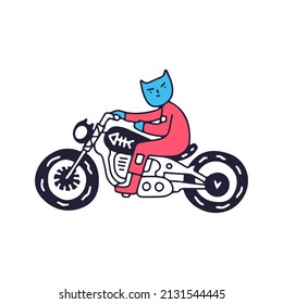 Cool cat riding a motorbike, illustration for t-shirt, sticker, or apparel merchandise. With doodle, retro, and cartoon style.