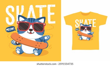 Cool cat with skateboard hand drawn, ready for print on t shirt and other uses.