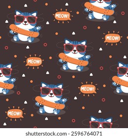 Cool cat with skateboard hand drawn pattern designs for print on fabric and other uses.