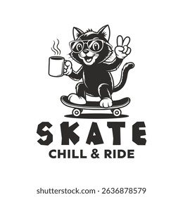 Cool cat skateboarding with coffee and peace sign t shirt design