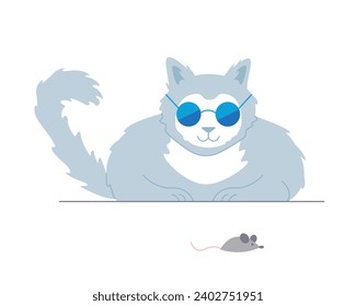 Cool cat with sunglasses catching the mouse. Domestic familiar pet, furry kitten cartoon vector illustration