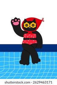cool cat in sunglasses and swimsuit sitting by the swimming pool, summer vacation and pet lifestyle concept illustration