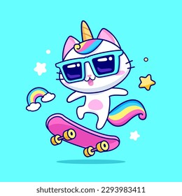 Cool Cat Unicorn ride on pink skateboard. Cute baby kitten or Cat Unicorn jump on skateboard - vector illustration. Baby Cat Unicorn cartoon character. Kids tee print design