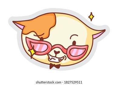 Cool cat. Vector cute smiling cat in eyeglasses and bow-tie illustration. Macho animal character sticker isolated on white background