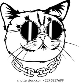 Cool Cat Vector Illustration, Cat With Goggles Art,  Vector Design, Cat Wearing Chain, Vector Icon