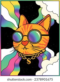 Cool Cat Vector Illustration, Royalty-Free trippy space Vector, Ginger cat, orange, colorfull, with glasses in the universe. Animal love vector