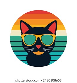 cool cat Wearing sunglass, retro vintage 80s, 90s, vector illustration.