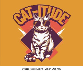 A cool cat wearing sunglasses with a retro style graphic, perfect for t-shirts, mugs, or any merchandise that needs a touch of feline attitude.