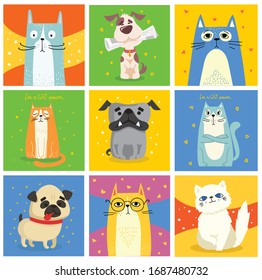 Cool cats and dogs. Vector trendy hipster style greeting cards design, t-shirt print, inspiration poster.