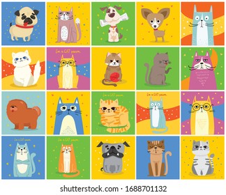 Cool cats and dogs. Vector trendy hipster style greeting cards design, t-shirt print, inspiration poster.