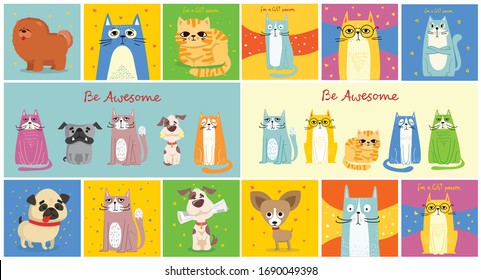 Cool cats and dogs. Vector trendy hipster style greeting cards design, t-shirt print, inspiration poster.