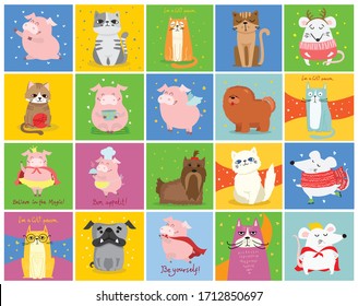 Cool cats, mouses, pigs and dogs. Vector trendy hipster style greeting cards design, t-shirt print, inspiration poster.