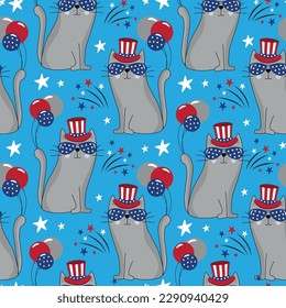 Cool cats in USA patriotic hat seamless childish pattern. Funny cartoon animal character for fabric, wrapping, textile, wallpaper, apparel. Vector illustration