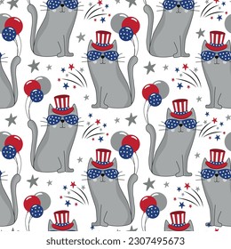 Cool cats in USA patriotic hat seamless childish pattern. Funny cartoon animal character for fabric, wrapping, textile, wallpaper, apparel. Vector illustration