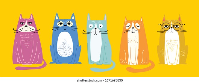 Cool cats. Vector trendy hipster style greeting card design, t-shirt print, inspiration poster.