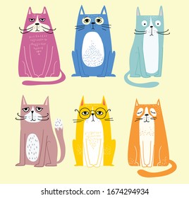 Cool cats. Vector trendy hipster style greeting card design, t-shirt print, inspiration poster.